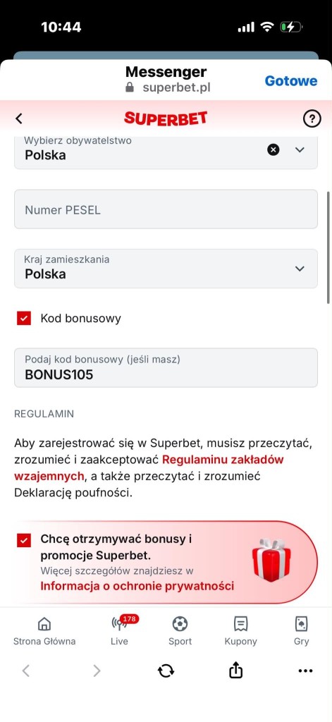 Formularz rejestracji z kodem BONUS105