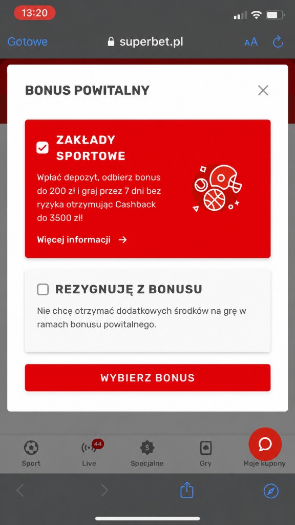 Akceptacja bonusu powitalnego